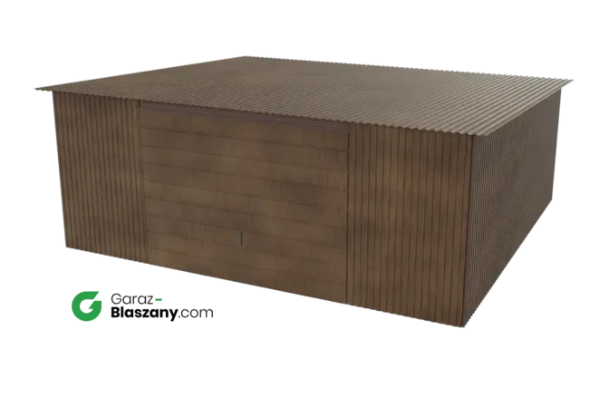 Garaż blaszany 5,5x5 drewnopodobny Orzech dach jednospadowy brama uchylna