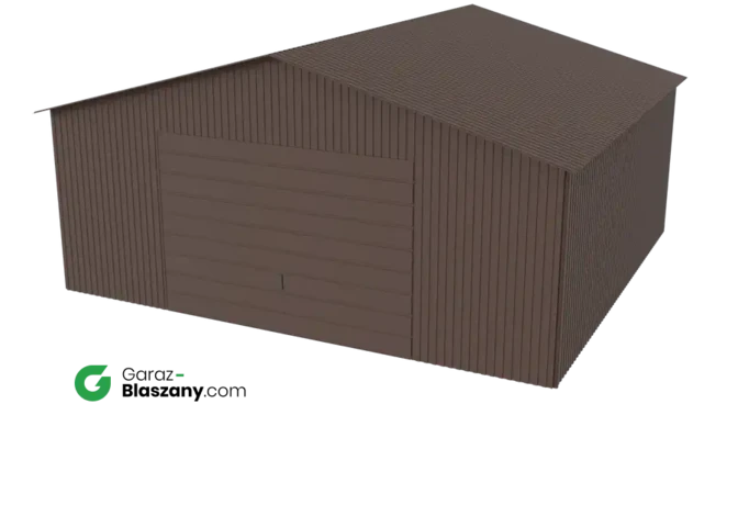 Garaż blaszany 5,5x5 brązowy MAT dach dwuspadowy brama uchylna