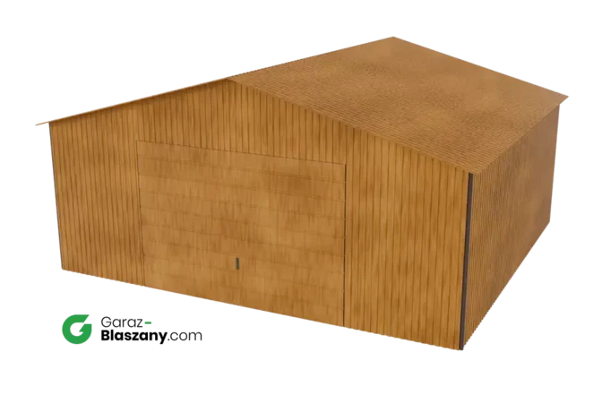 Garaż blaszany 5,5x5 drewnopodobny Złoty Dąb dach dwuspadowy brama uchylna