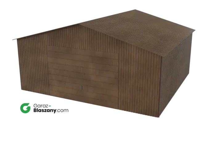Garaż blaszany 5,5x5 drewnopodobny Orzech dach dwuspadowy brama uchylna