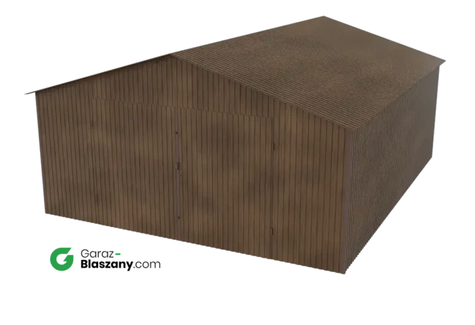 Garaż blaszany 5x6 drewnopodobny Orzech dach dwuspadowy brama dwuskrzydłowa