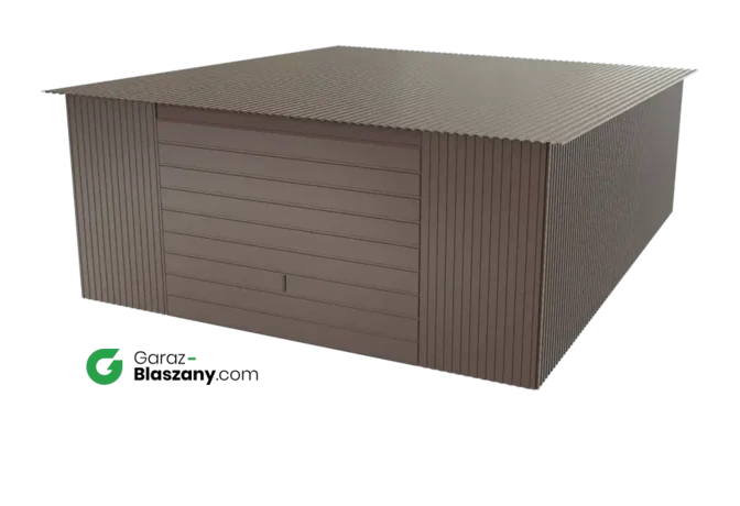 Garaż blaszany 5x6 brązowy BŁYSK dach jednospadowy brama uchylna