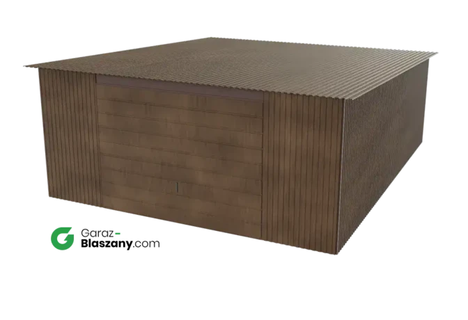 Garaż blaszany 5x6 drewnopodobny Orzech dach jednospadowy brama uchylna
