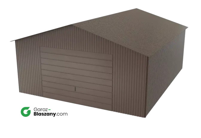 Garaż blaszany 5x6 brązowy BŁYSK dach dwuspadowy brama uchylna