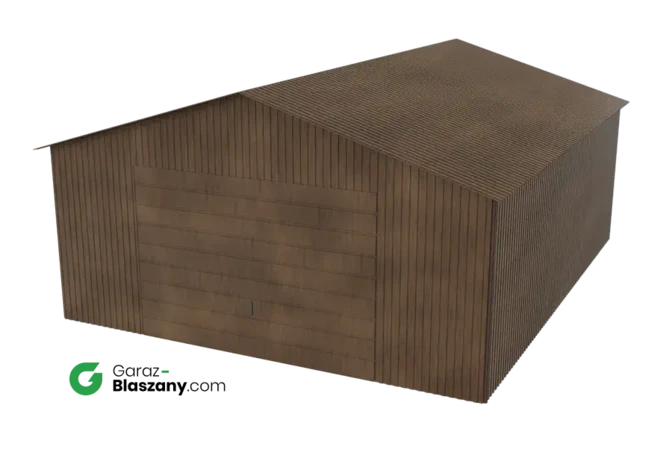 Garaż blaszany 5x6 drewnopodobny Orzech dach dwuspadowy brama uchylna