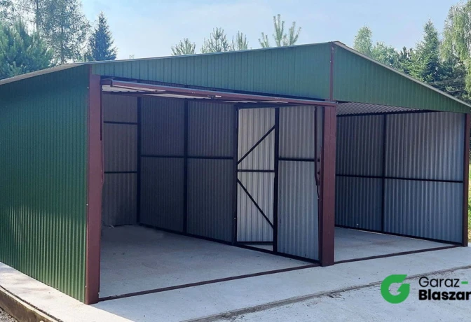 Garaż blaszany 6x5 zielony MAT, dach dwuspadowy, brama uchylna, wiata