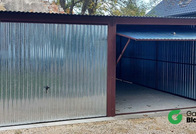 Garaż blaszany 6x6 ocynk, dach jednospadowy, brama uchylna
