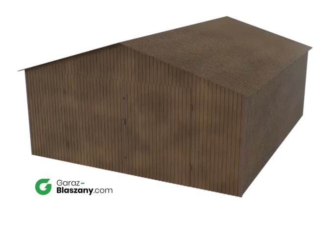 Garaż blaszany 5x6 drewnopodobny Orzech dach dwuspadowy brama dwuskrzydłowa