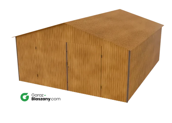 Garaż blaszany 5x6 drewnopodobny Złoty Dąb dach dwuspadowy brama dwuskrzydłowa