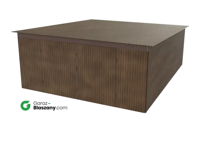 Garaż blaszany 5x6 drewnopodobny Orzech dach jednospadowy brama dwuskrzydłowa