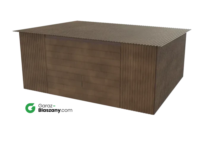 Garaż blaszany 5x4 drewnopodobny Orzech dach jednospadowy brama uchylna