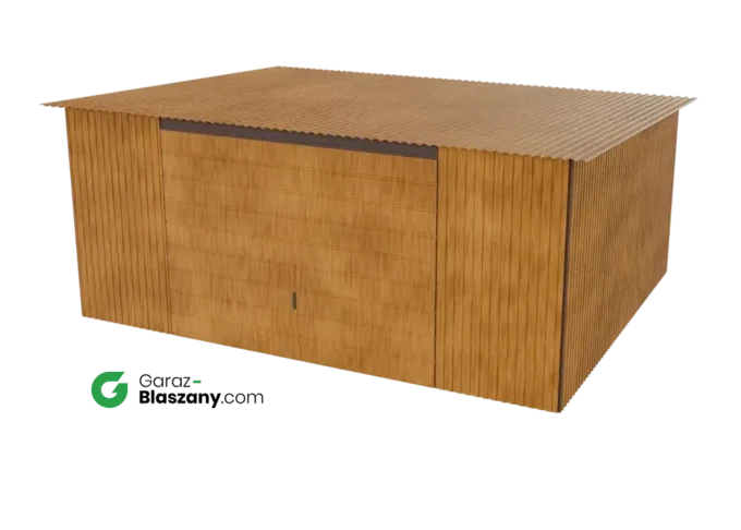 Garaż blaszany 5x4 drewnopodobny Złoty Dąb dach jednospadowy brama uchylna