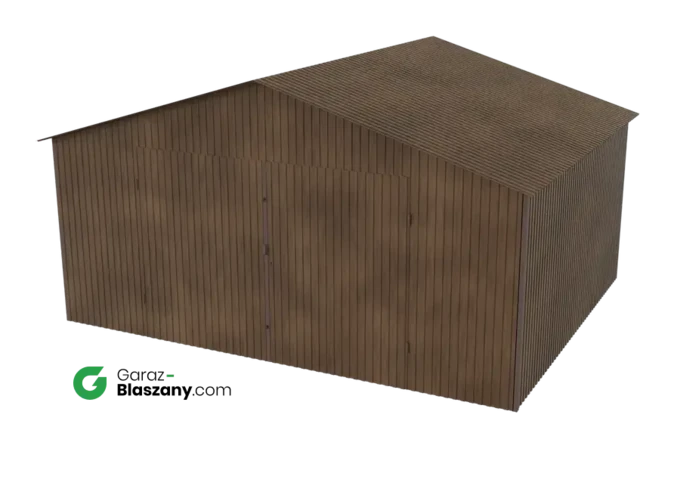 Garaż blaszany 5x4 drewnopodobny Orzech dach dwuspadowy brama dwuskrzydłowa