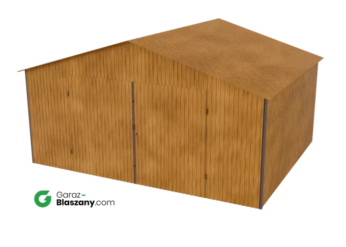 Garaż blaszany 5x4 drewnopodobny Złoty Dąb dach dwuspadowy brama dwuskrzydłowa