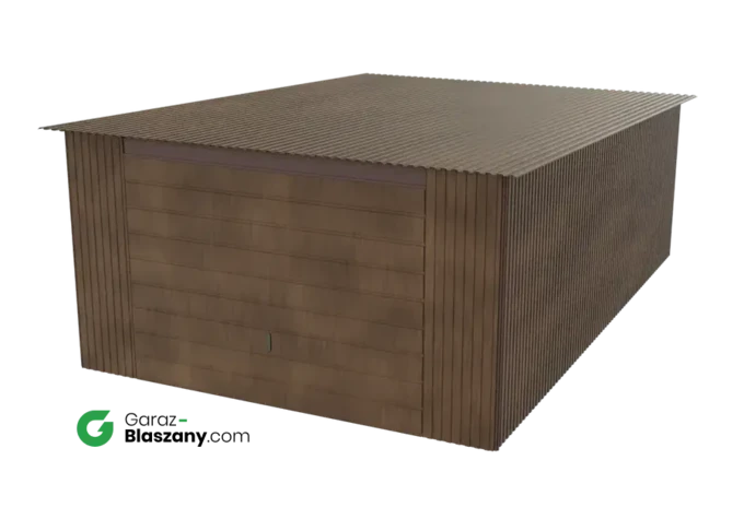 Garaż blaszany 4x6 drewnopodobny Orzech dach jednospadowy brama uchylna