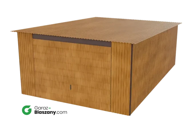 Garaż blaszany 4x6 drewnopodobny Złoty Dąb dach jednospadowy brama uchylna