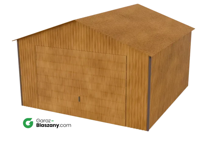 Garaż blaszany 4x4 drewnopodobny Złoty Dąb dach dwuspadowy brama uchylna