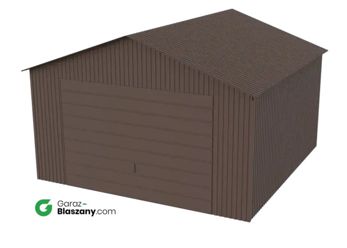 Garaż blaszany 4x4 brązowy MAT dach dwuspadowy brama uchylna