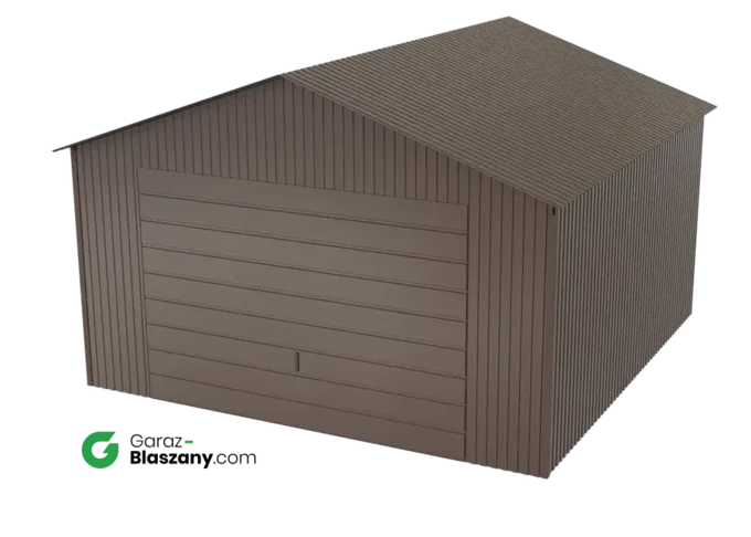 Garaż blaszany 4x4 brązowy BŁYSK dach dwuspadowy brama uchylna