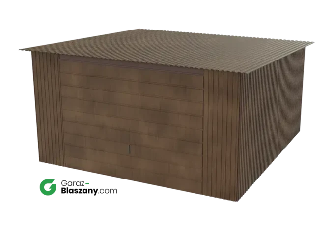 Garaż blaszany 4x4 drewnopodobny Orzech dach jednospadowy brama uchylna