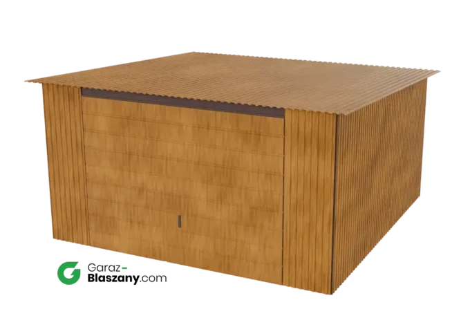 Garaż blaszany 4x4 drewnopodobny Złoty Dąb dach jednospadowy brama uchylna