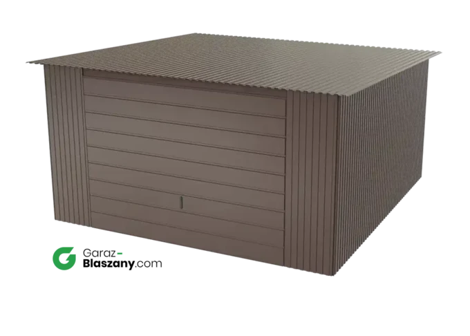 Garaż blaszany 4x4 brązowy BŁYSK dach jednospadowy brama uchylna