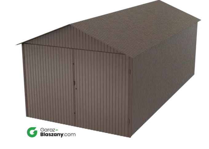 Garaż blaszany 3x6 brązowy BŁYSK dach dwuspadowy brama dwuskrzydłowa