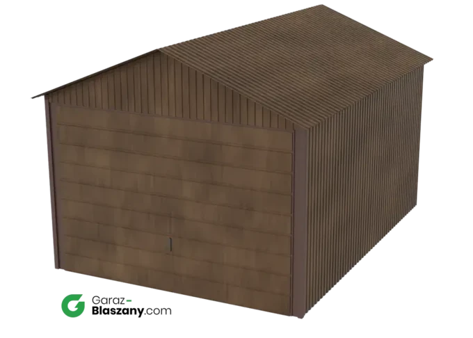 Garaż blaszany 3x4 drewnopodobny Orzech dach dwuspadowy brama uchylna