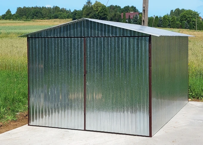 Garaż blaszany 3x5 ocynkowany, dach dwuspadowy, brama otwierana na boki