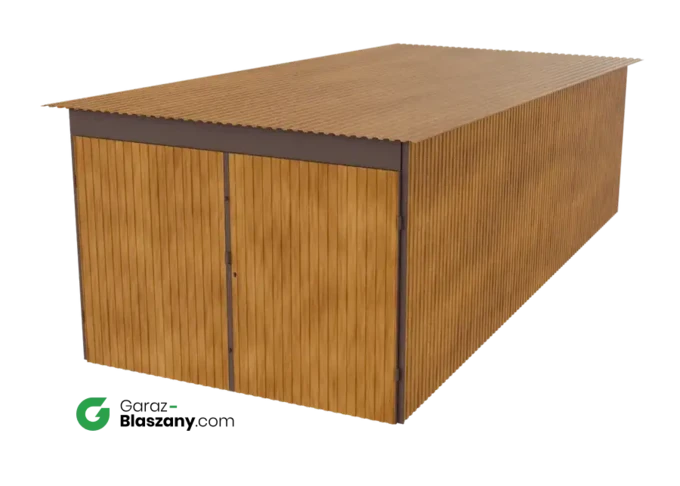 Garaż blaszany 3x7 drewnopodobny Złoty Dąb dach jednospadowy brama dwuskrzydłowa