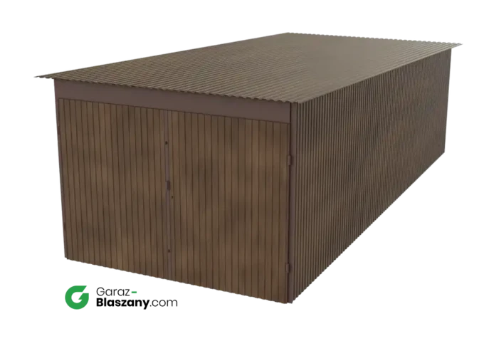 Garaż blaszany 3x7 drewnopodobny Orzech dach jednospadowy brama dwuskrzydłowa