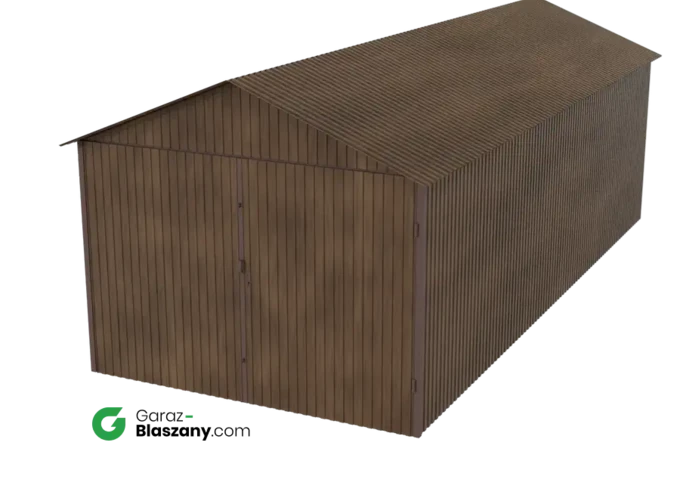 Garaż blaszany 3x7 drewnopodobny Orzech dach dwuspadowy brama dwuskrzydłowa