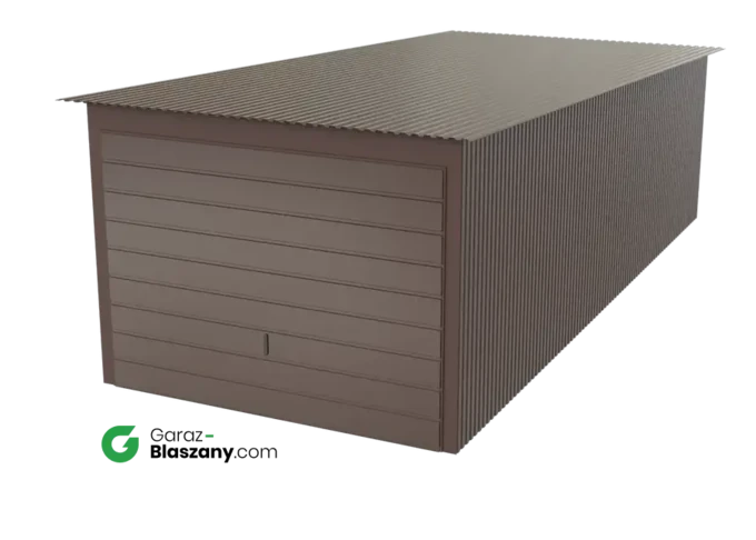 Garaż blaszany 3x7 brązowy błysk dach jednospadowy brama uchylna