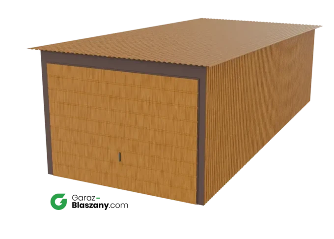 Garaż blaszany 3x7 drewnopodobny Złoty Dąb dach jednospadowy brama uchylna