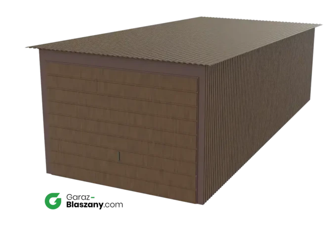 Garaż blaszany 3x7 drewnopodobny Orzech dach jednospadowy brama uchylna