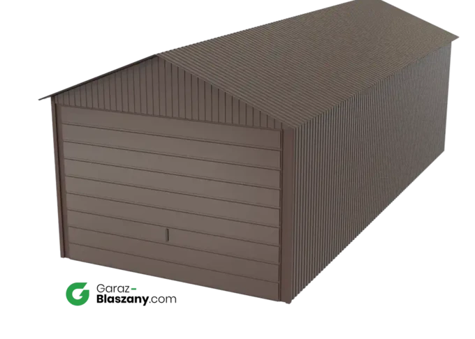 Garaż blaszany 3x7 brązowy błysk dach dwuspadowy brama uchylna