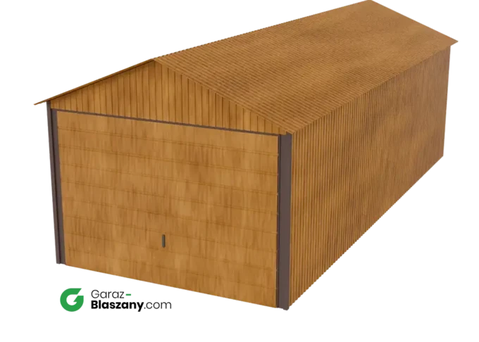 Garaż blaszany 3x7 drewnopodobny Złoty Dąb dach dwuspadowy brama uchylna