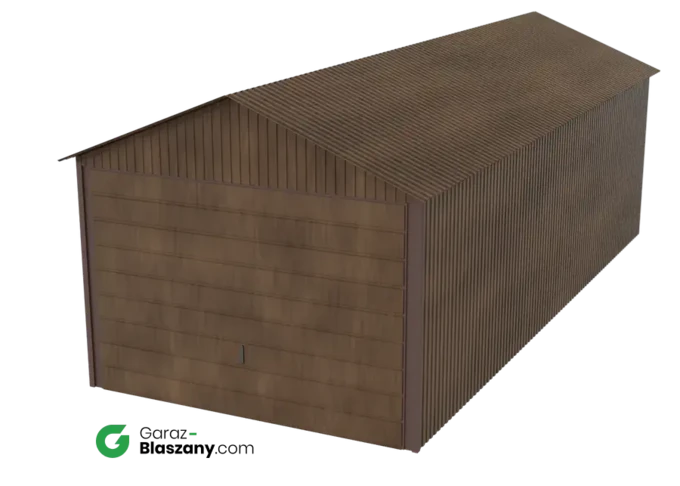 Garaż blaszany 3x7 drewnopodobny Orzech dach dwuspadowy brama uchylna