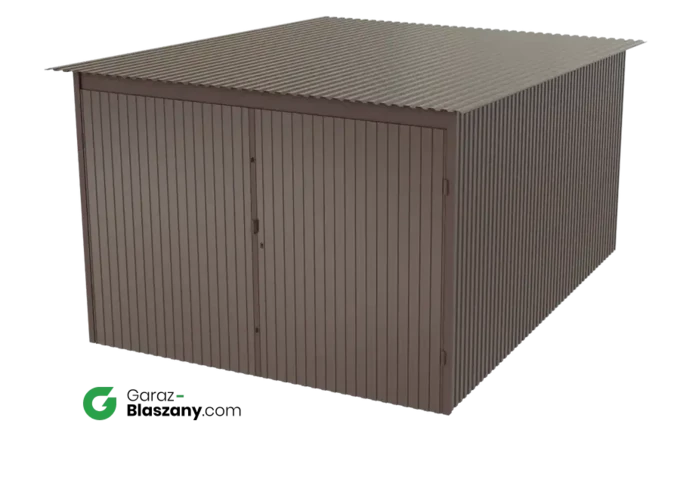 Garaż blaszany 3x4 brązowy błysk dach jednospadowy brama dwuskrzydłowa
