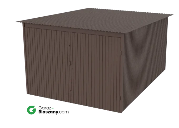 Garaż blaszany 3x4 brązowy mat dach jednospadowy brama dwuskrzydłowa