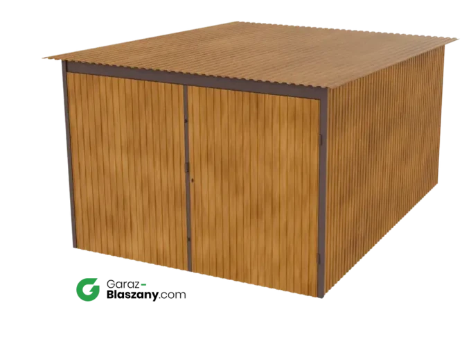 Garaż blaszany 3x4 drewnopodobny Złoty Dąb dach jednospadowy brama dwuskrzydłowa