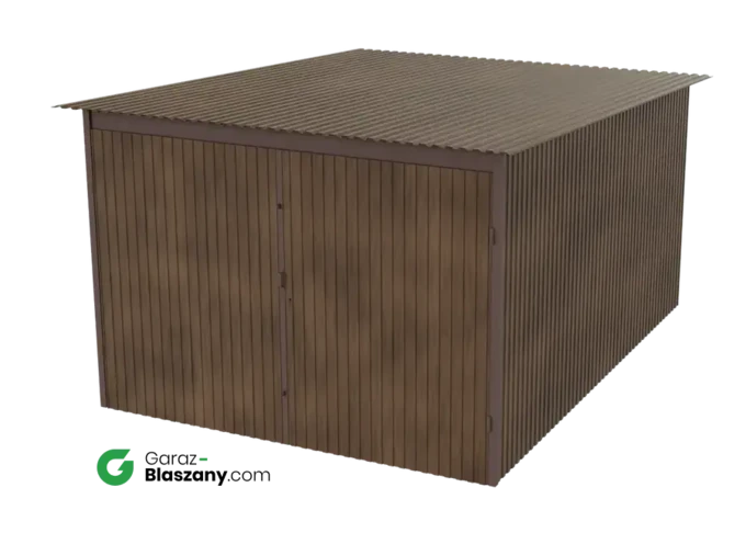 Garaż blaszany 3x4 drewnopodobny Orzech dach jednospadowy brama dwuskrzydłowa