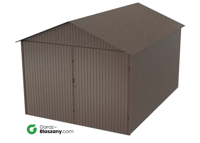 Garaż blaszany 3x4 brązowy błysk dach dwuspadowy brama dwuskrzydłowa