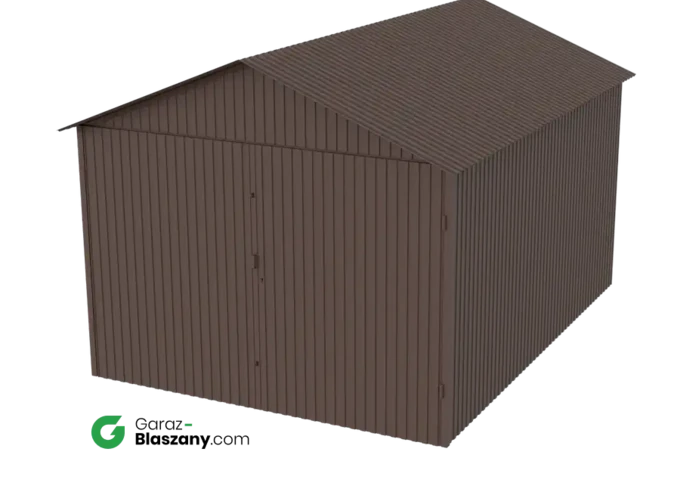Garaż blaszany 3x4 brązowy mat dach dwuspadowy brama dwuskrzydłowa