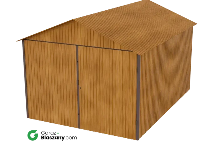 Garaż blaszany 3x4 drewnopodobny Złoty Dąb dach dwuspadowy brama dwuskrzydłowa