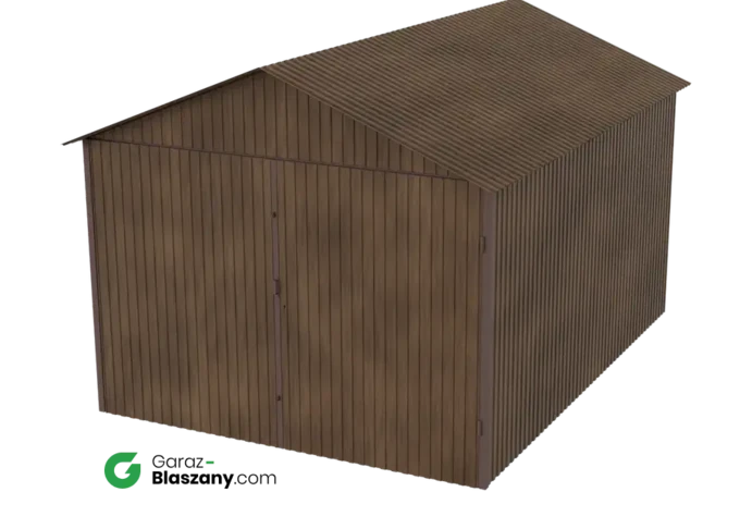 Garaż blaszany 3x4 drewnopodobny Orzech dach dwuspadowy brama dwuskrzydłowa