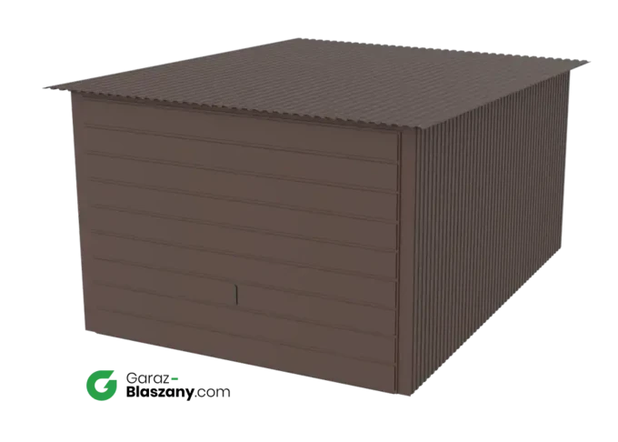 Garaż blaszany 3x4 brązowy mat dach jednospadowy brama uchylna