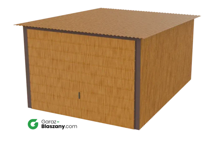 Garaż blaszany 3x4 drewnopodobny Złoty Dąb dach jednospadowy brama uchylna