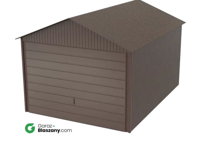 Garaż blaszany 3x4 brązowy błysk dach dwuspadowy brama uchylna