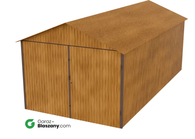 Garaż blaszany 3x6 drewnopodobny Złoty Dąb dach dwuspadowy brama dwuskrzydłowa